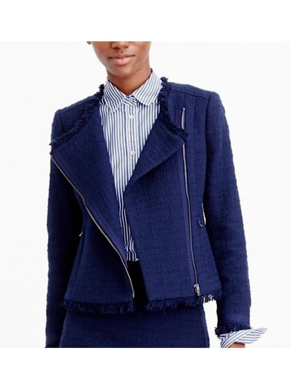 J. CREW Tweed Motorcycle Jacket with Fringe in Navy Blue Size Women's 8